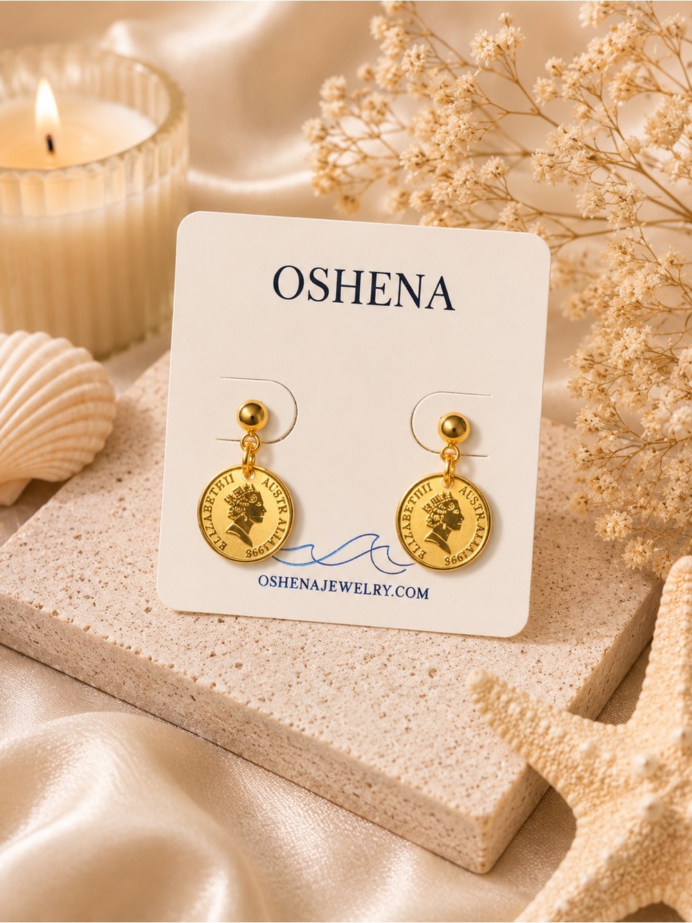 Oshena - Queen Elizabeth Coin Drop Earrings - 18k Gold PVD - New w/ Dust Bag
